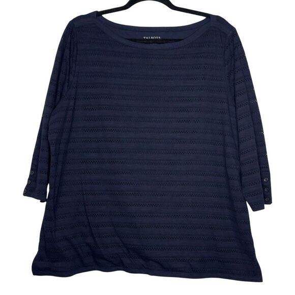Talbots Woman Navy Blue Knit Eyelet 3/4 Sleeve Top - Size 1X - Picture 1 of 6
